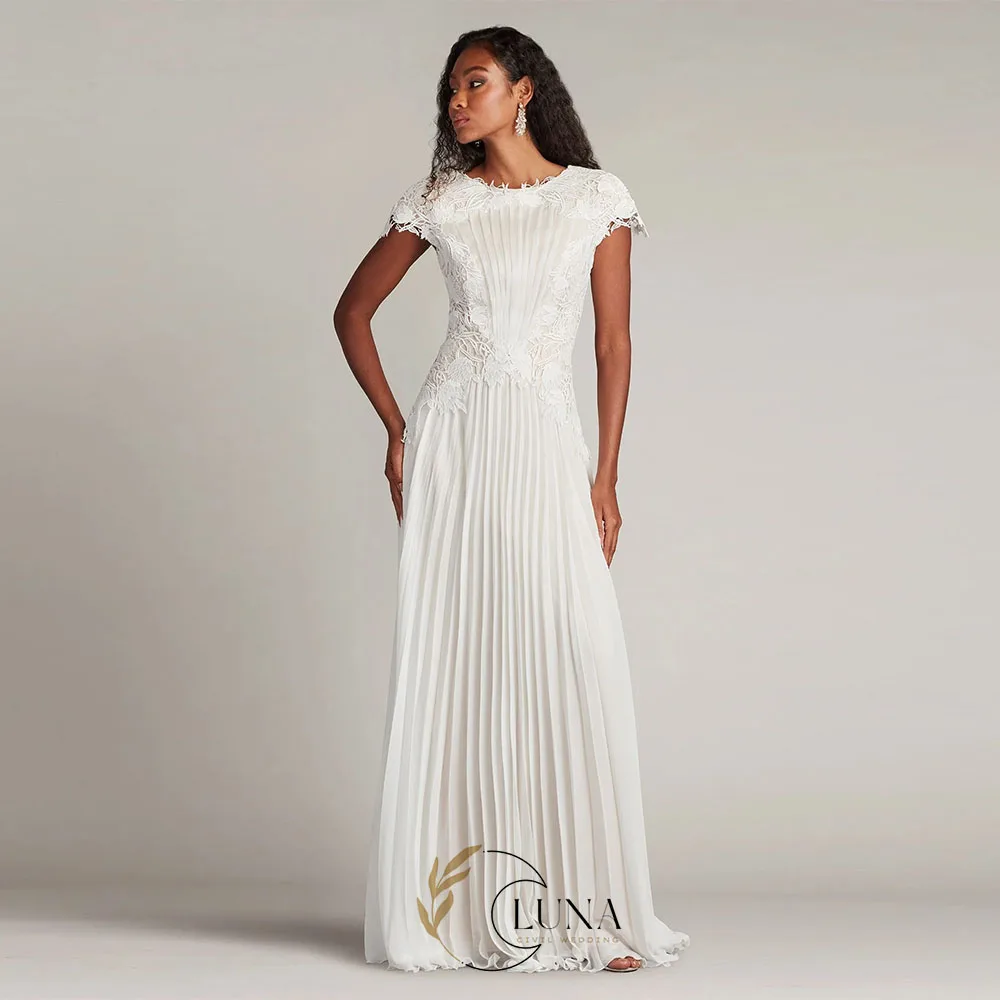 Luna Customized Cassiel Pleated Chiffon Wedding Gown A Line Cap Sleeves Lace Appliques Bridal Dress Vestidos De Novia for Bride