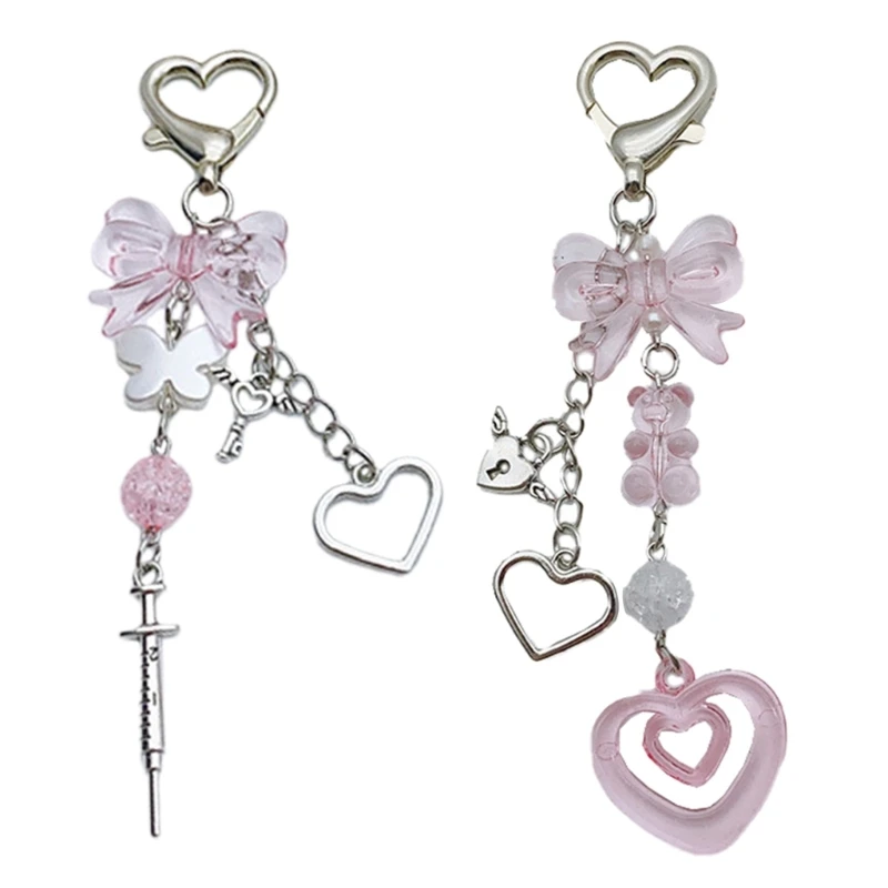 Adorable Heart Keychain with Beaded Butterfly Bowknot Accessory Charm for Women