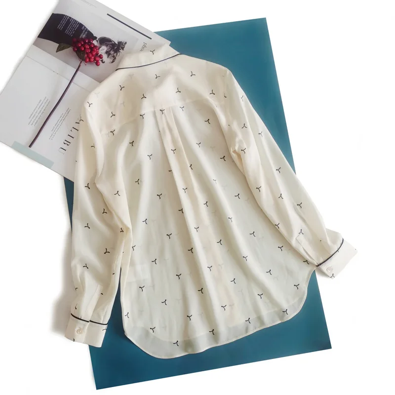 Birdtree 100%Real Silk Women Lace-up Shirt Bow Collar Vintage Print Long Sleeve Commute Blouse Office Lady 2024 Spring T41115QM