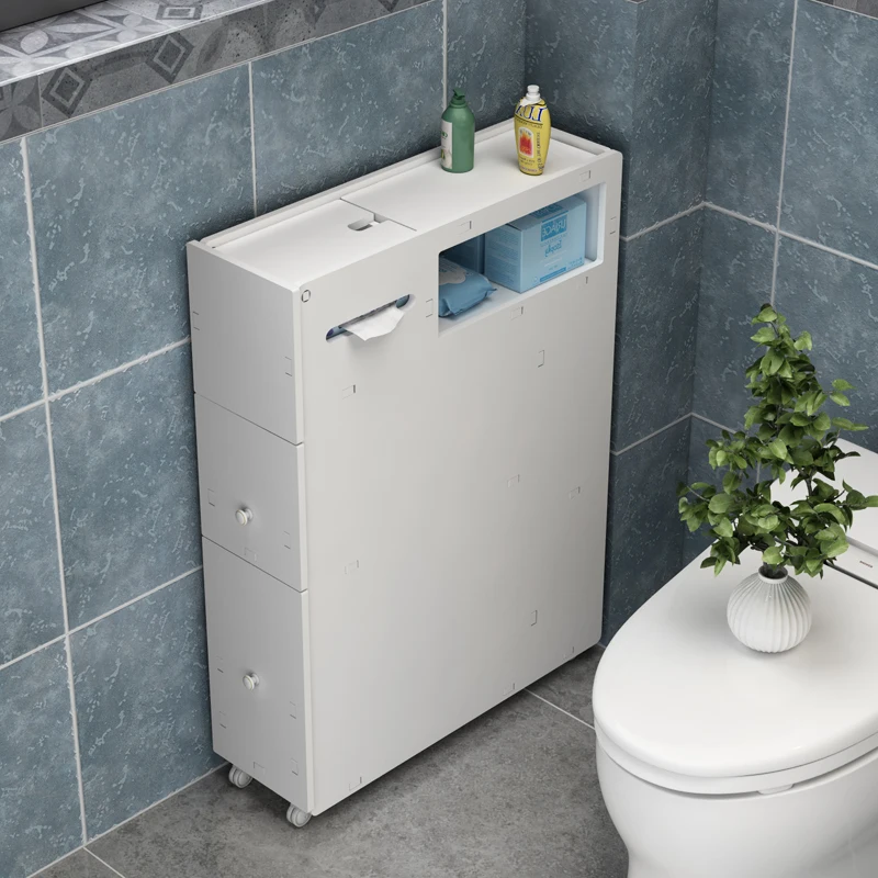 

Solid Color Toilet Side Narrow Cabinet, Waterproof Gap Trash Bin Rack, Bathroom Mobile Storage Shelf, Floor Standing Side