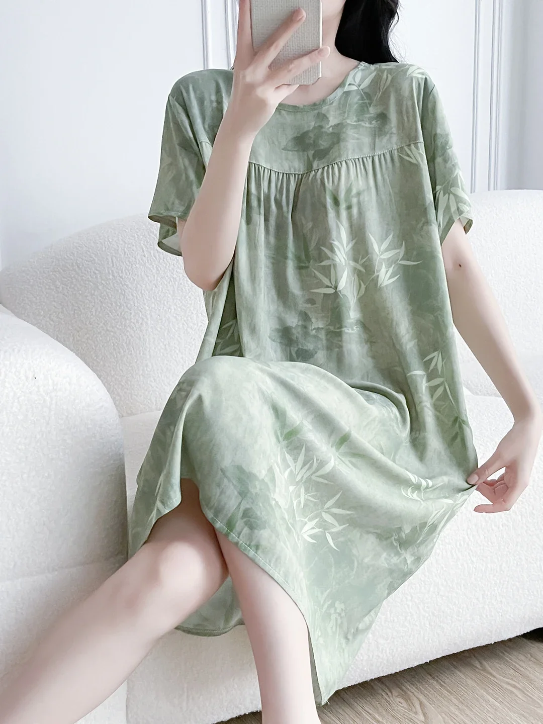2026Women's Cotton Silk Sleep Dress Thin Short Sleeve Long Summer Breathable Sweat Absorbent Outerwear Casual Home Leisure Print