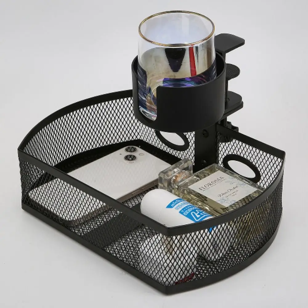 Spill-proof Under Desk Drawer Cup Holder 360° Swivel Clamp-on Swivel Organizer No Drill Easy Install Mesh Storage Box