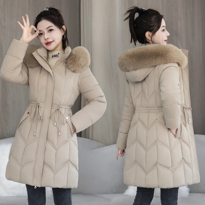 Parkas de plumón para mujer, chaqueta larga con cuello de piel grande, abrigo Delgado grueso, ropa de abrigo de algodón con capucha, moda de invierno, 2024