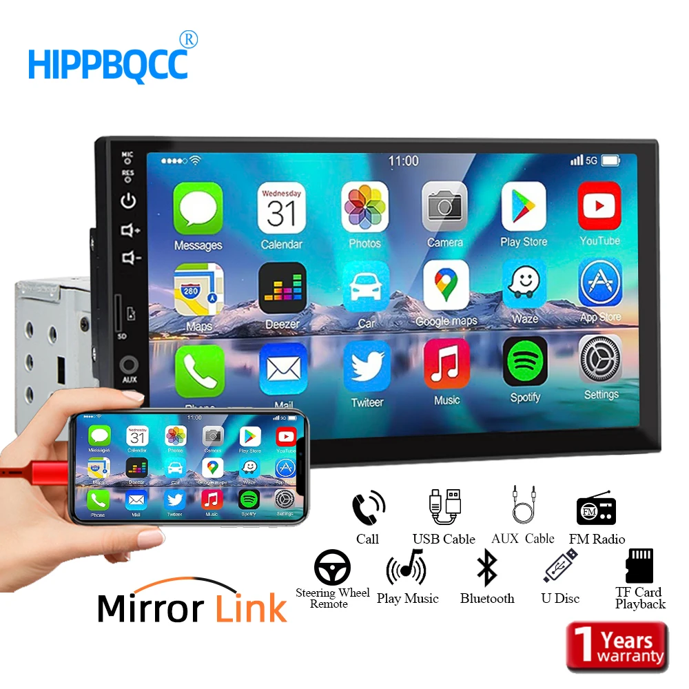 

HIPPBQCC Car Radio 7inch HD Touch Screen Stereo Multimedia 1 Din BT Player Autoaudio FM Receiver Mirror Link Monitor Universal