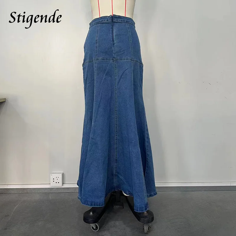 Stigende Back Zipper Denim Mermaid Maxi Skirt Women Patchwork Fit and Flare Loose Long Swing Skirt