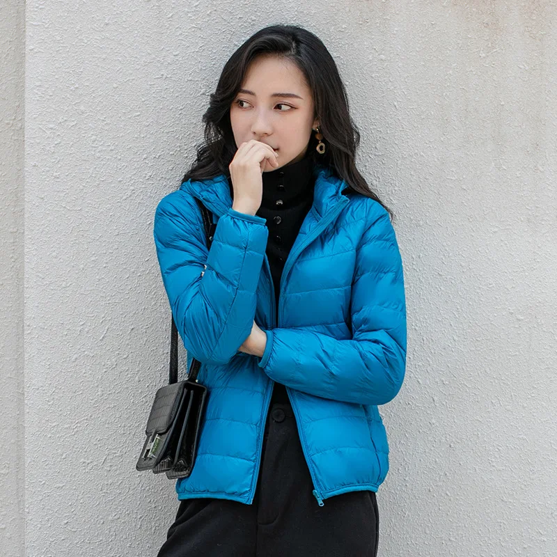 Women Down Coat Lightweight Warm Hooded Puffer Jacket Plus Size Packable Autumn Winter Clothes Simple Short Outwear Full-Zip