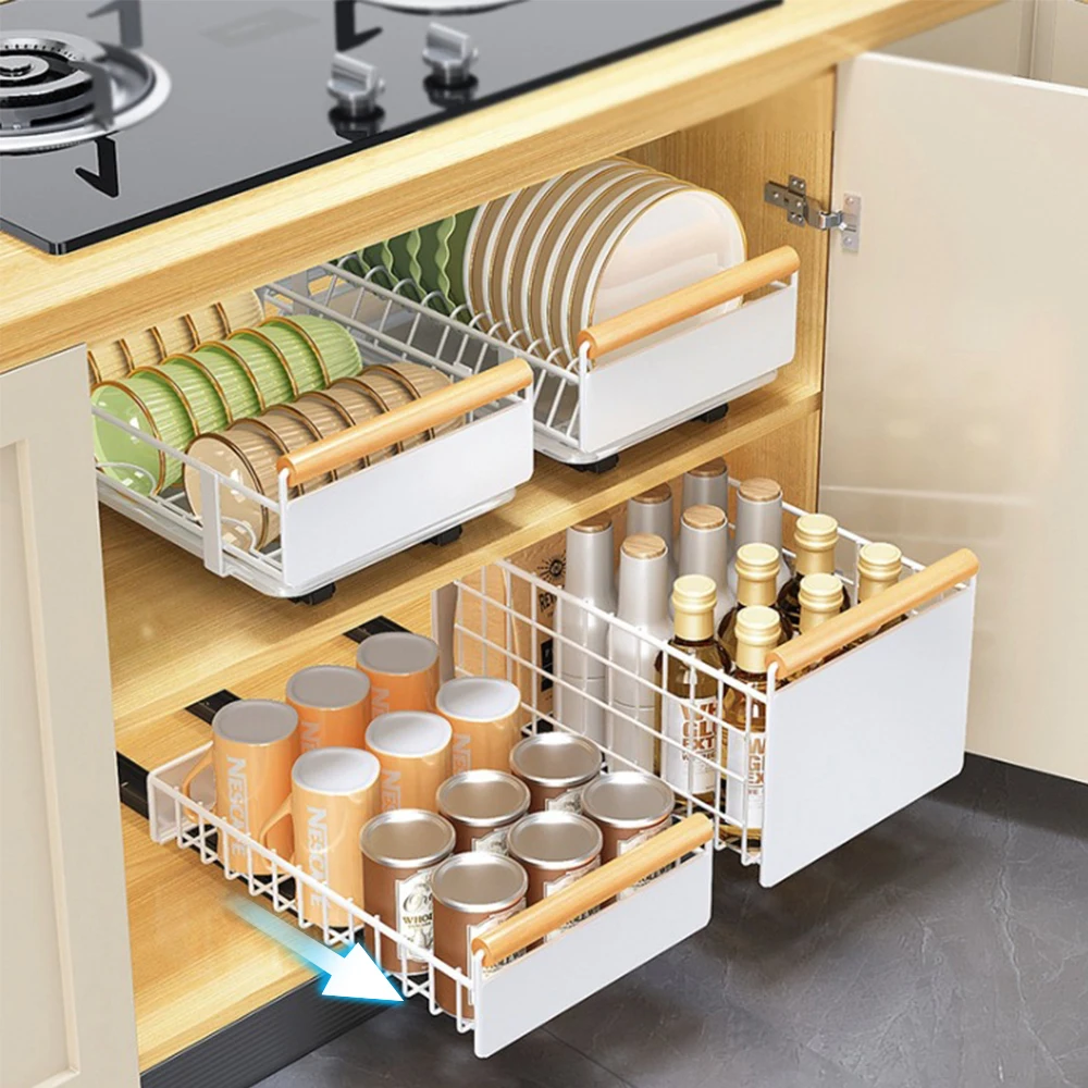 

Drawer Type Carbon Steel Storage Rack Multifunctional Bowl Dish Seasoning Storage Kitchen Non Perforated Cabinet Pull Basket