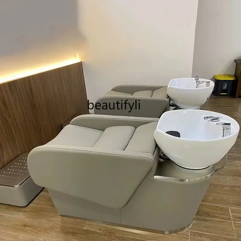 Silla de champú para barbería, cama de champú para salón, Spa, lavabo de cerámica tumbado por la mitad