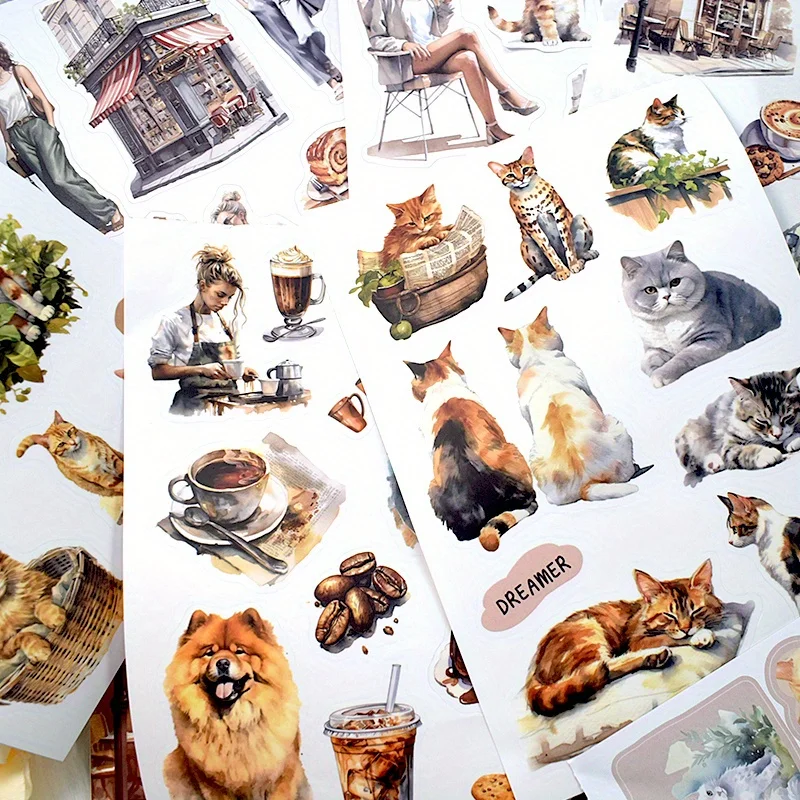 20Sheets Coffee Cat Sticker Book Pre-Cut Matte PET Paper Deco Sticker For Scrapbooking Junk Journal Planner Aesthetic Stationery