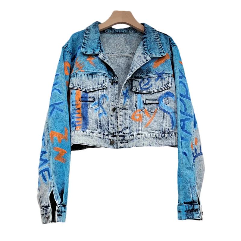 

Streetwear Fashion Graffiti Print Denim Jacket Women Korean Slim Short Cowboy Outwear Big Pocket Long Sleeve Jeans Jacket Female