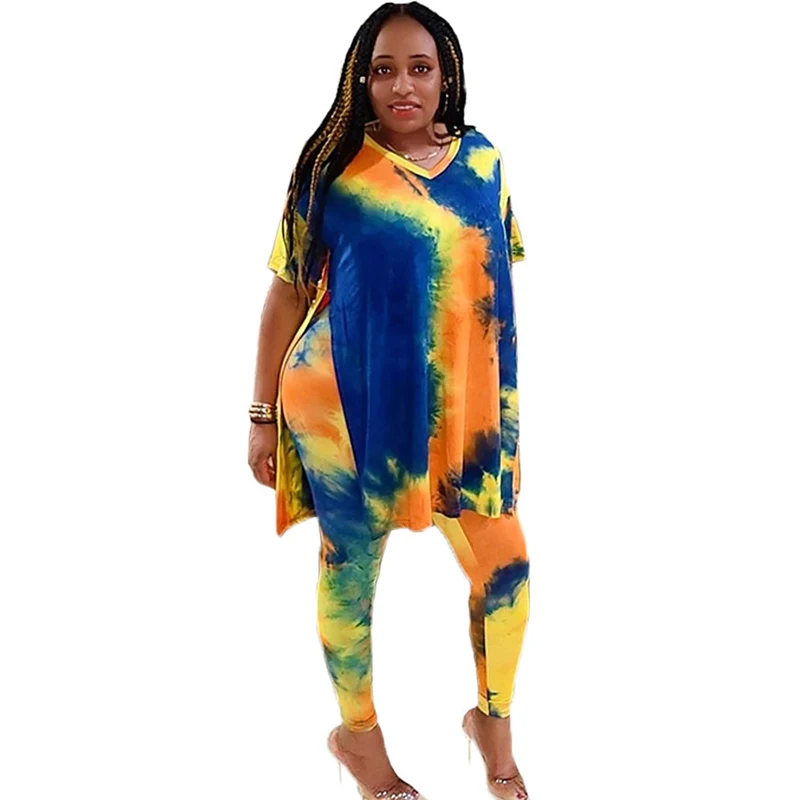 

African Clothes Women Set Long Split Tops Pants Suits Summer Fashion Tie Dye Print Casual Tracksuit Set Dashiki African Outfits