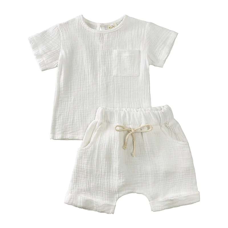 Summer baby clothes cotton yarn breathable solid color boys T-shirt top set 2-year-old girl short sleeved shorts two-piece set