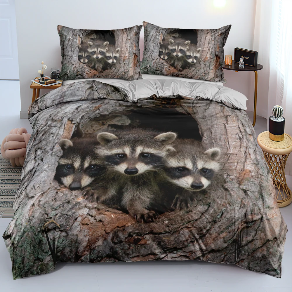 3D Cute Staring Raccoon Bed Linen Double-sided Comforter Cover Set Twin Full Queen King Size 203x230cm Bedding Set Home Textile