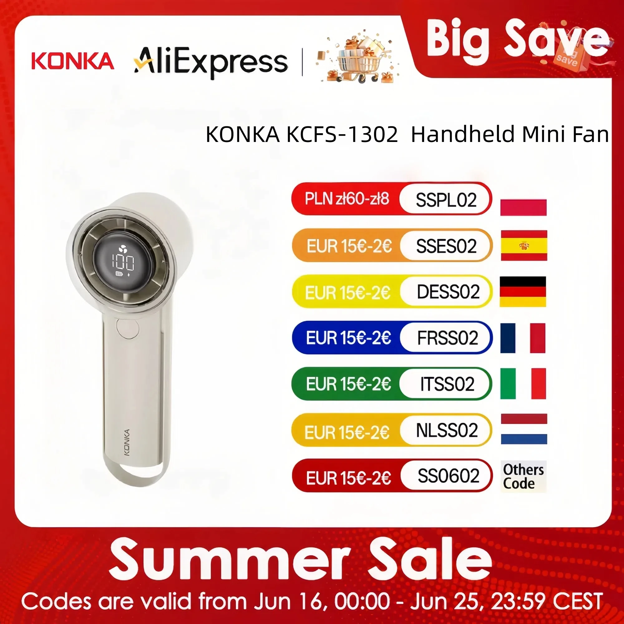 Konka KCFS-1302  Handheld Mini Fan – 100 Speed Levels USB Rechargeable with LED Digital Display Compact & Safe for Travel