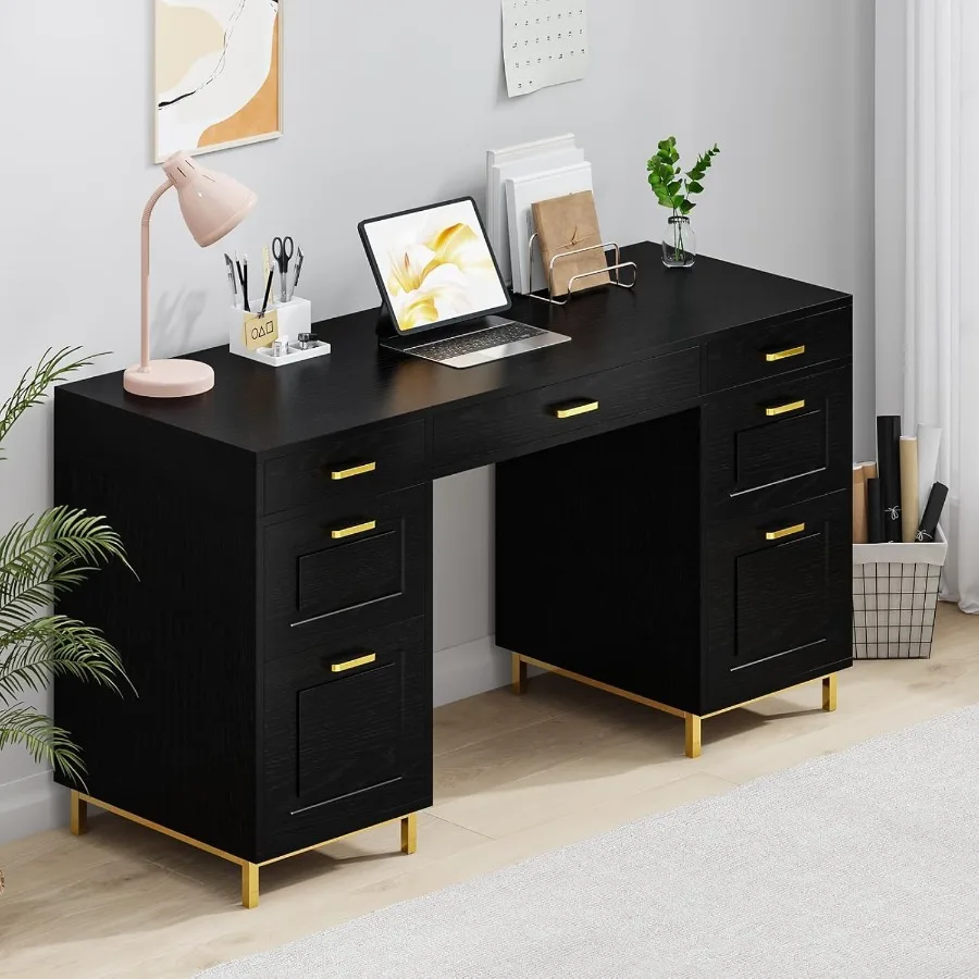 مكتب كمبيوتر أسود مع 7 أدراج 57 Ih مكتب منزلي مع أدراج ملفات مكتب خشبي حديث مع مساحة تخزين لغرفة النوم التنفيذية #3