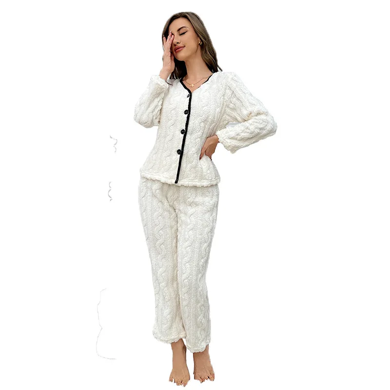 Winter Women Pajamas Set Jacquard Fluffy Lady Sleepwear Elegant Plain White V-neck Lapel Thermal Pijamas Casual Nightwear