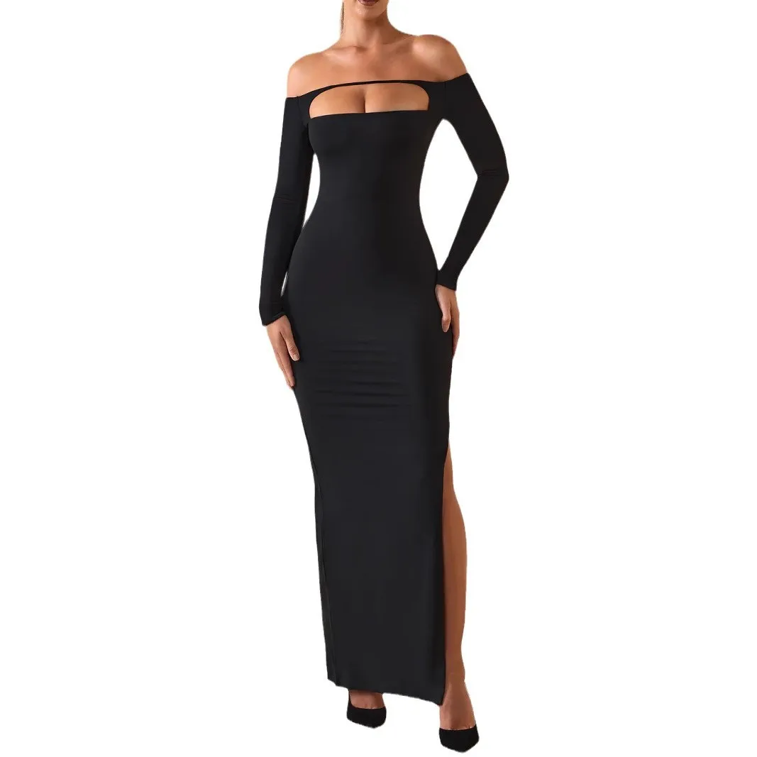 유럽 및 미국 스타일 섹시한 원숄더 가슴 컷아웃 오프숄더 긴 소매 가을 사이드 슬릿 힙허깅 드레스