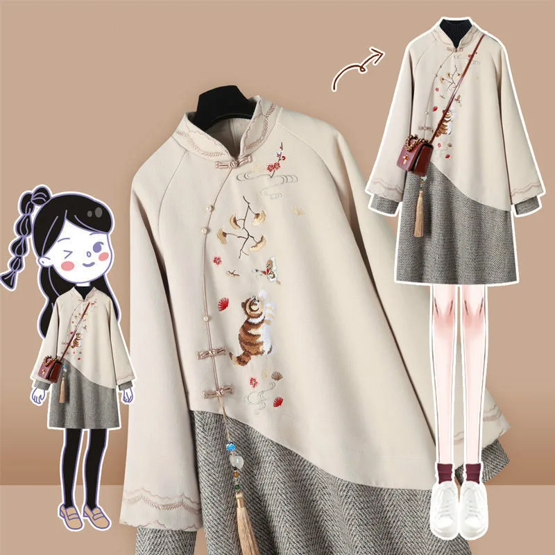 NEW Winter Plus Size Dress Women\'s Chinese Traditional Style Hanfu Cheongsam Embroidered Tang Suit Hooded Sweatshirt Vestidos