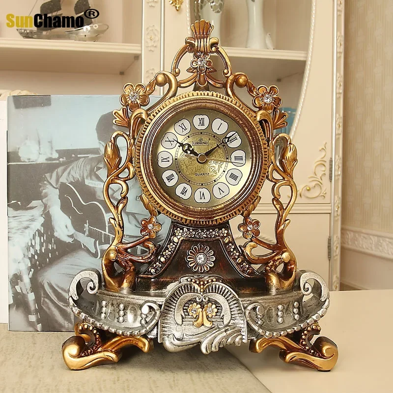 

Exquisite European Style Resin Desk Clock Vintage Retro Table Clock Silent Decoration for Home Office