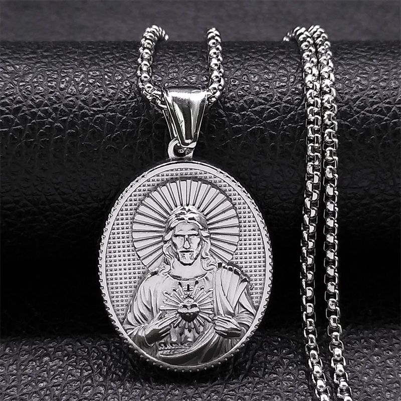 

Jesus Christ Pendant Necklace for Women Men Silver Color Stainless Steel Sacred Heart Necklace Jewelry corrente masculina NZZ384