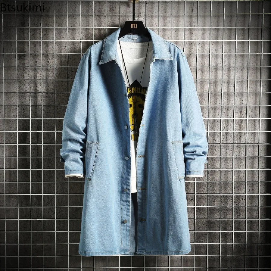 Men's Autumn Denim Jackets Loose Mid-Length Denim Casual Coat Turn-Down Collar Trenchcoat Korean Style Fashion Outerwear Male