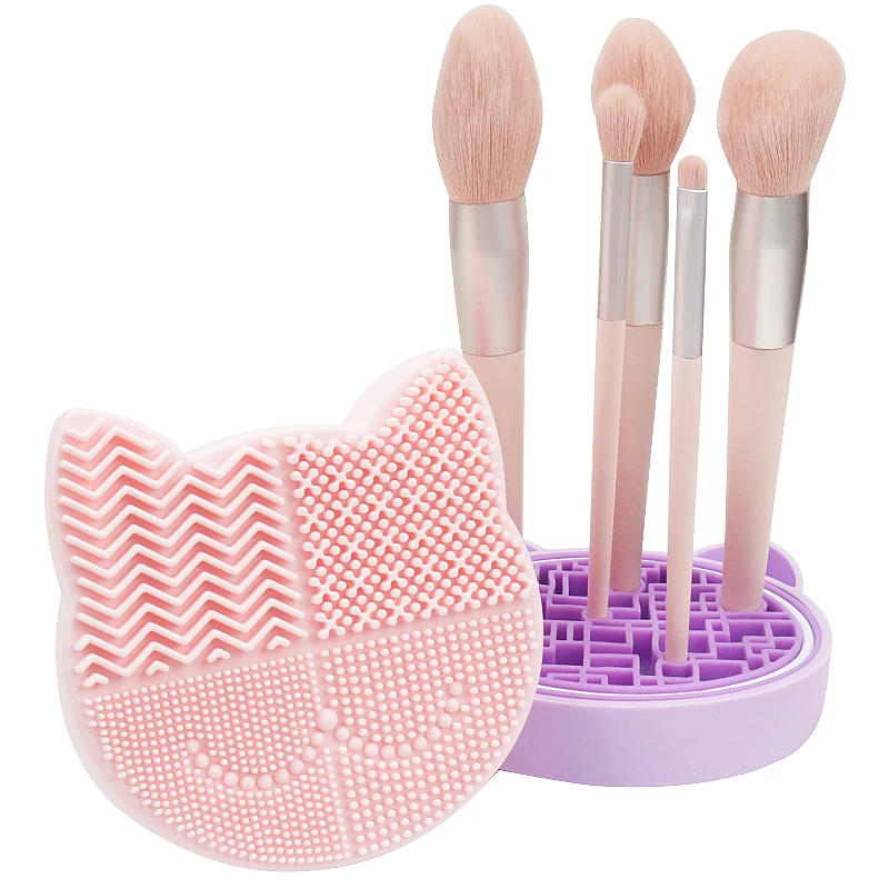 Niedliche rosa Katzenkopf-Labyrinth-Aufbewahrungsbox für Make-up-Pinsel, stabiler Silikon-Halter, Augenbrauenpinsel-Reinigungsmatte, Make-up-Werkzeuge