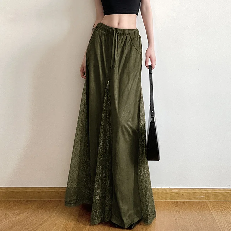 2026 New Retro Dark 90s Lace Patchwork Hem Zip Long Skirt Y2K Chic Drawstring Pocket A-line Skirts Women Grunge Streetwear
