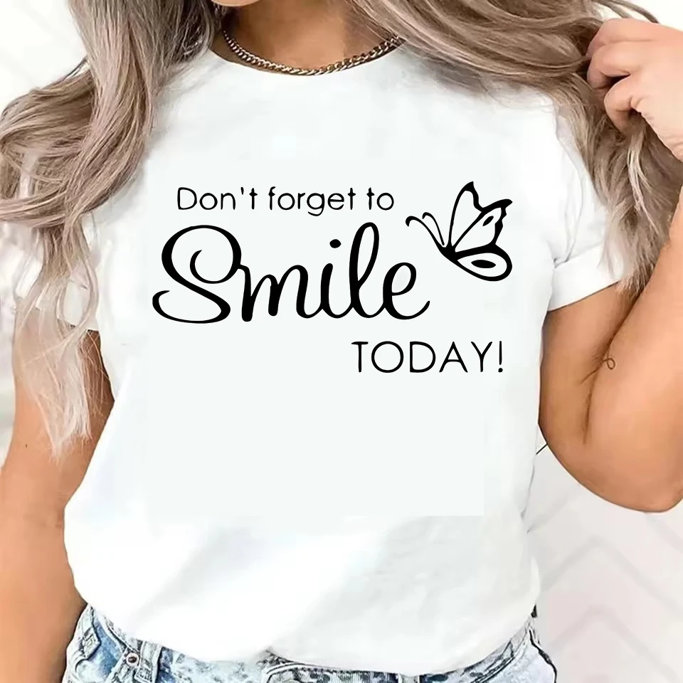 

Y2k Letter Don't Forget To Smile TODAY Футболка с графическим принтом и бабочкой, футболка с круглым вырезом и короткими рукавами, женская одежда