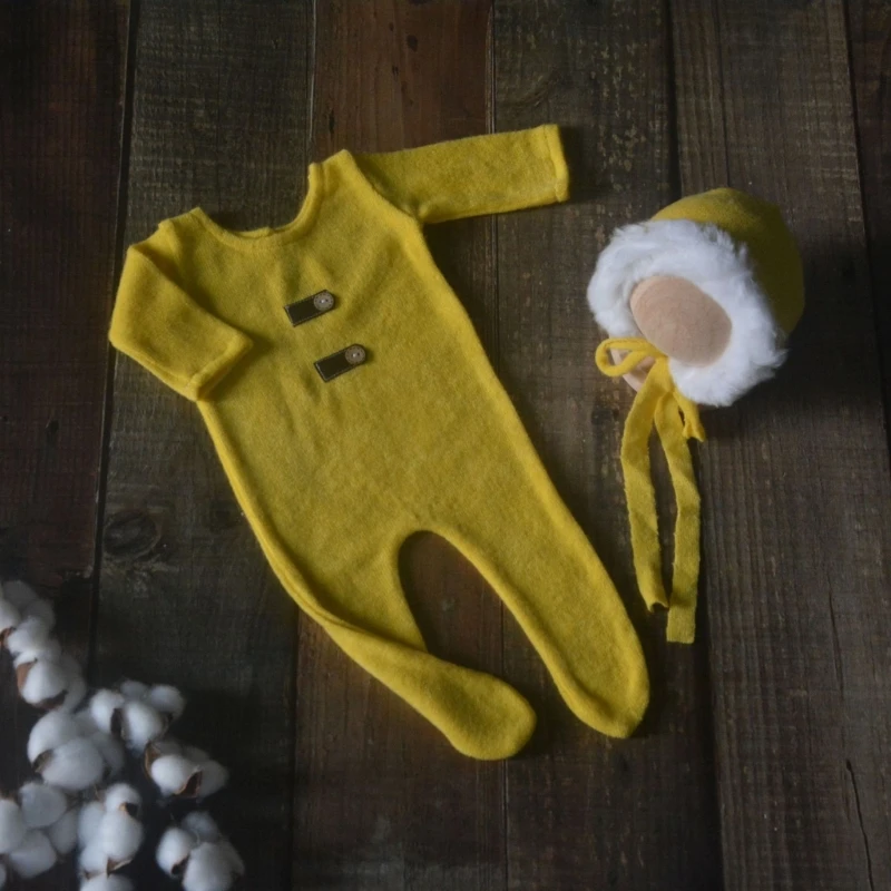 Conjunto elegante body chapéu para recém-nascidos com pés, macacão sólido para bebê com gorro pelúcia