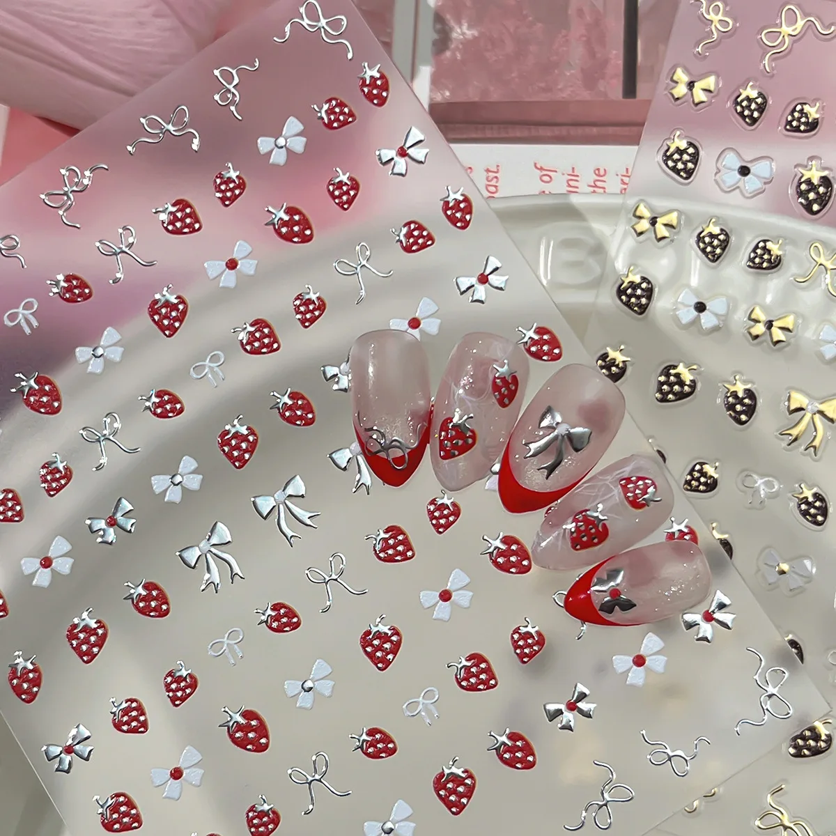 Strawberry Bow Nail Paste French Manicure Set 3d Stickers Small Nailart Pink Accessories Ornaments for Nails Art Y2K Sticker
