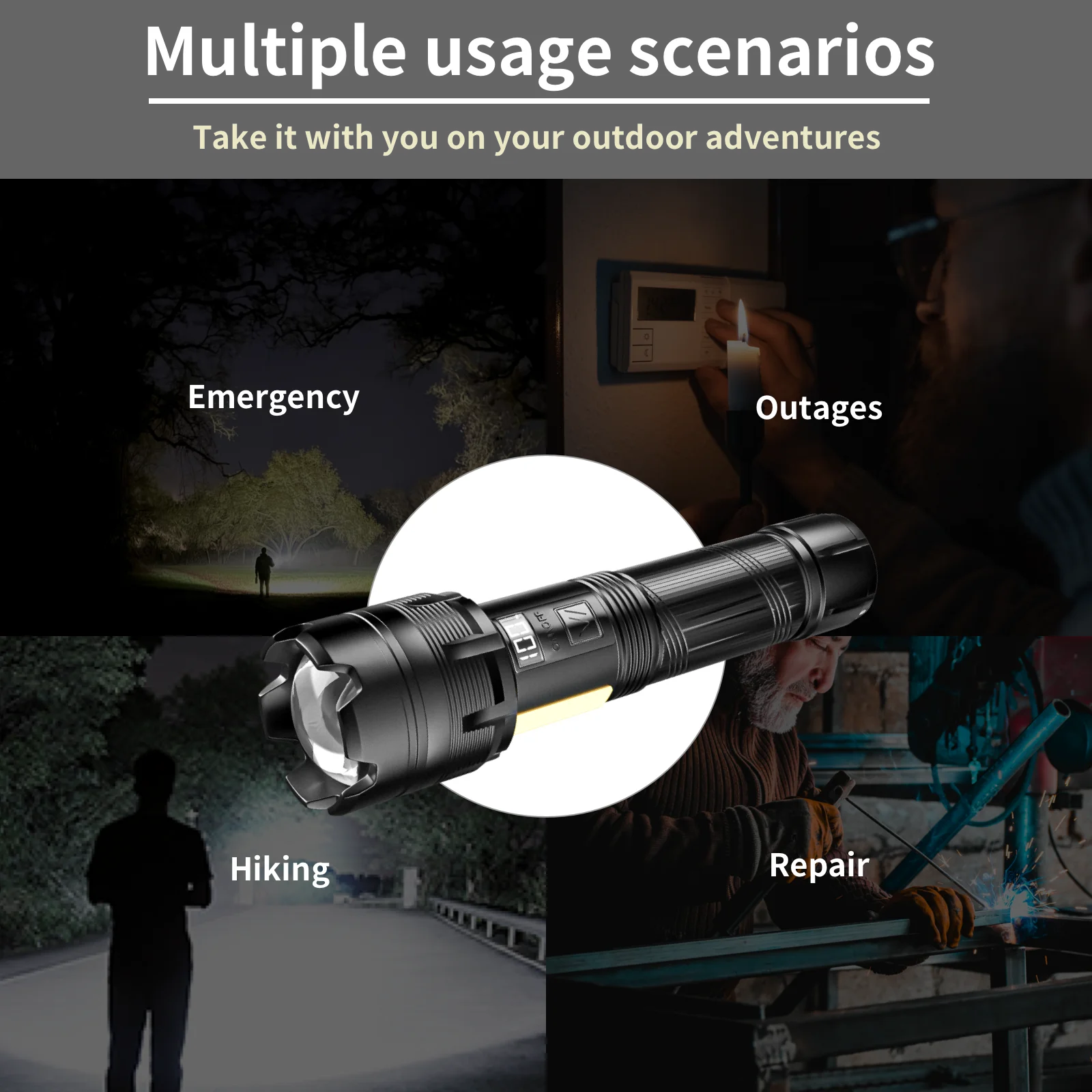 WARSUN XF126 Rechargeable Aluminum Flashlight, Zoomable，Dual Light Source with 8 Lighting Modes，Digital Battery Display