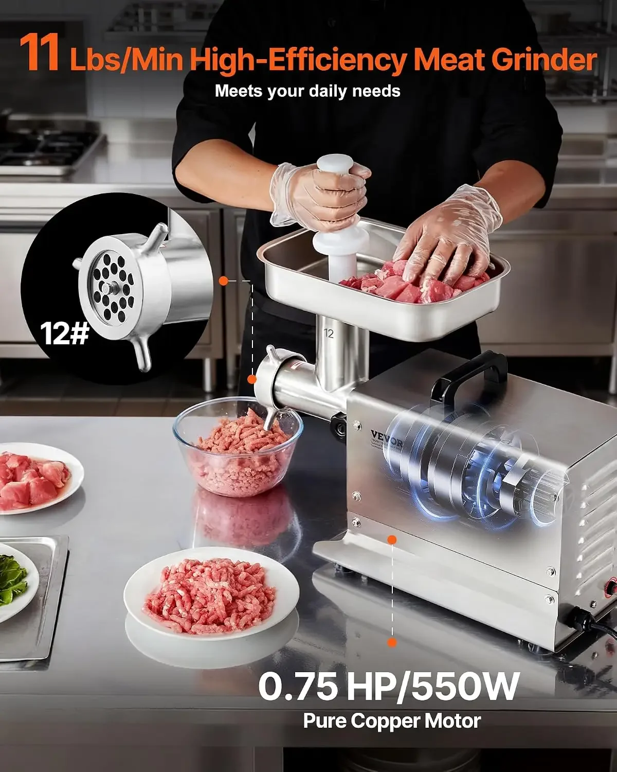 Meat Grinder, 0.75 HP 550W, 11 Lbs/Min Electric Meat Grinders with Blade, Grinding Plate, Sausage Maker, Stainless Steel Commerc