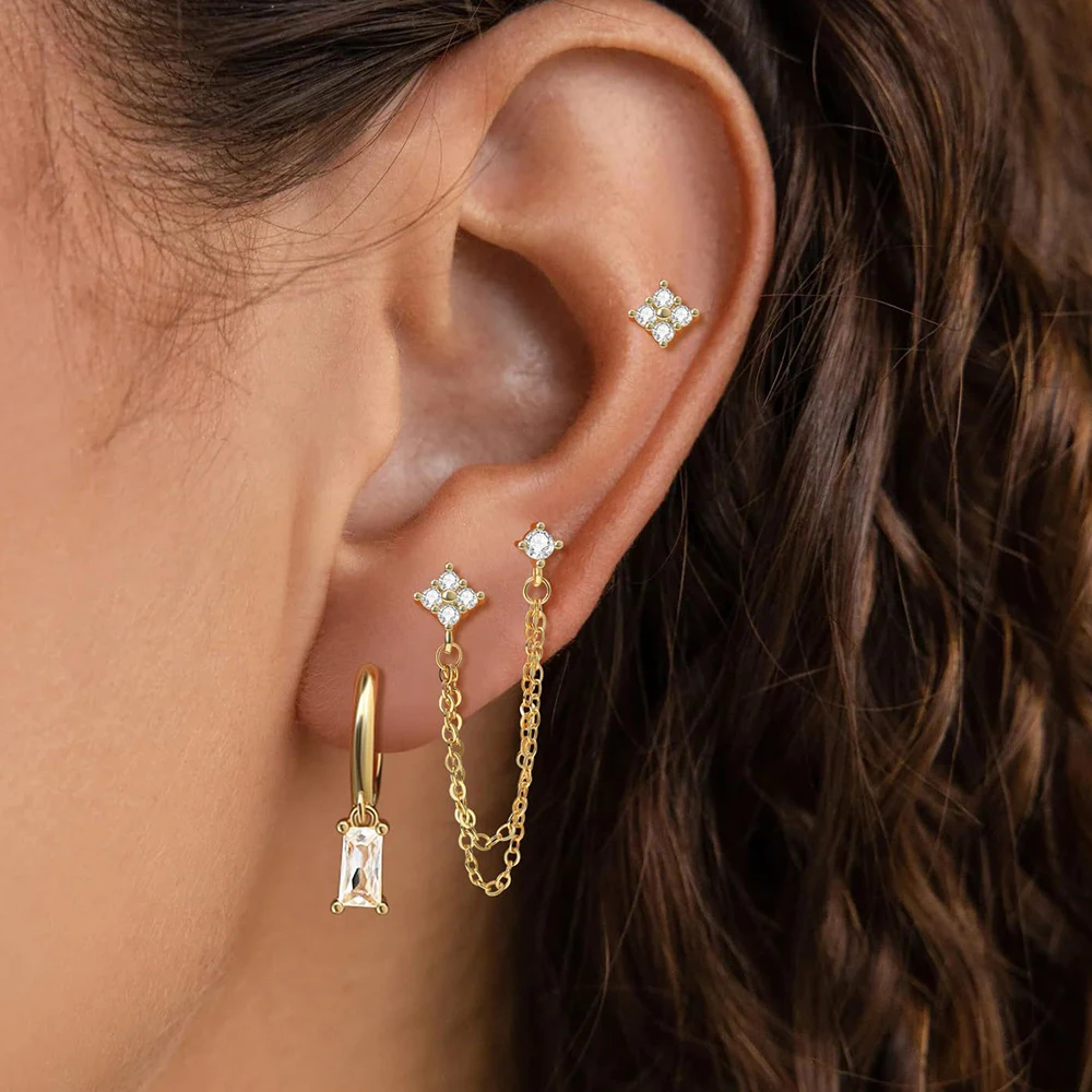 2PCS Stainless Steel December Birthday Stone Square Hanging Earrings Cubic Zirconia Chain Flower Dangle Earring Piercing Jewelry