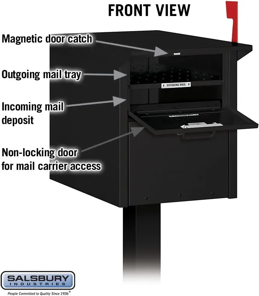 4350BLK Mail Chest Black Include an outgoing mail tray and an adjustable red signal flag Front and rear access locking door