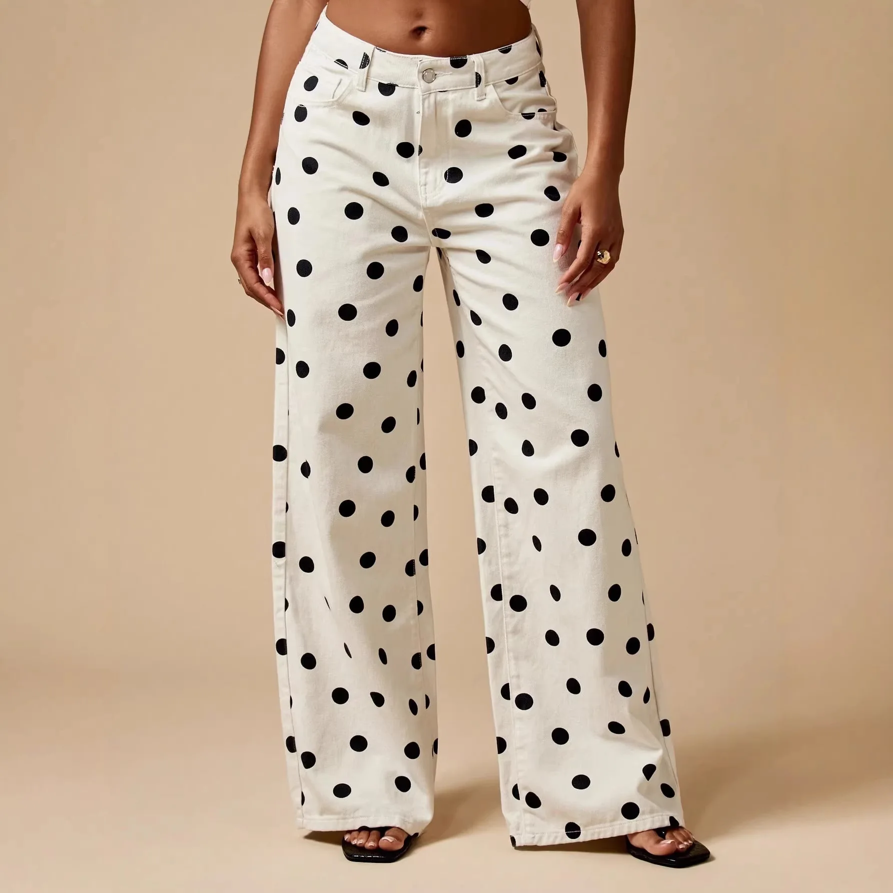 Women's Mid Waist Wide Leg Straight Loose Dot Simple Basic Casual Jeans Pants European American Female Fashion Denim Trousers