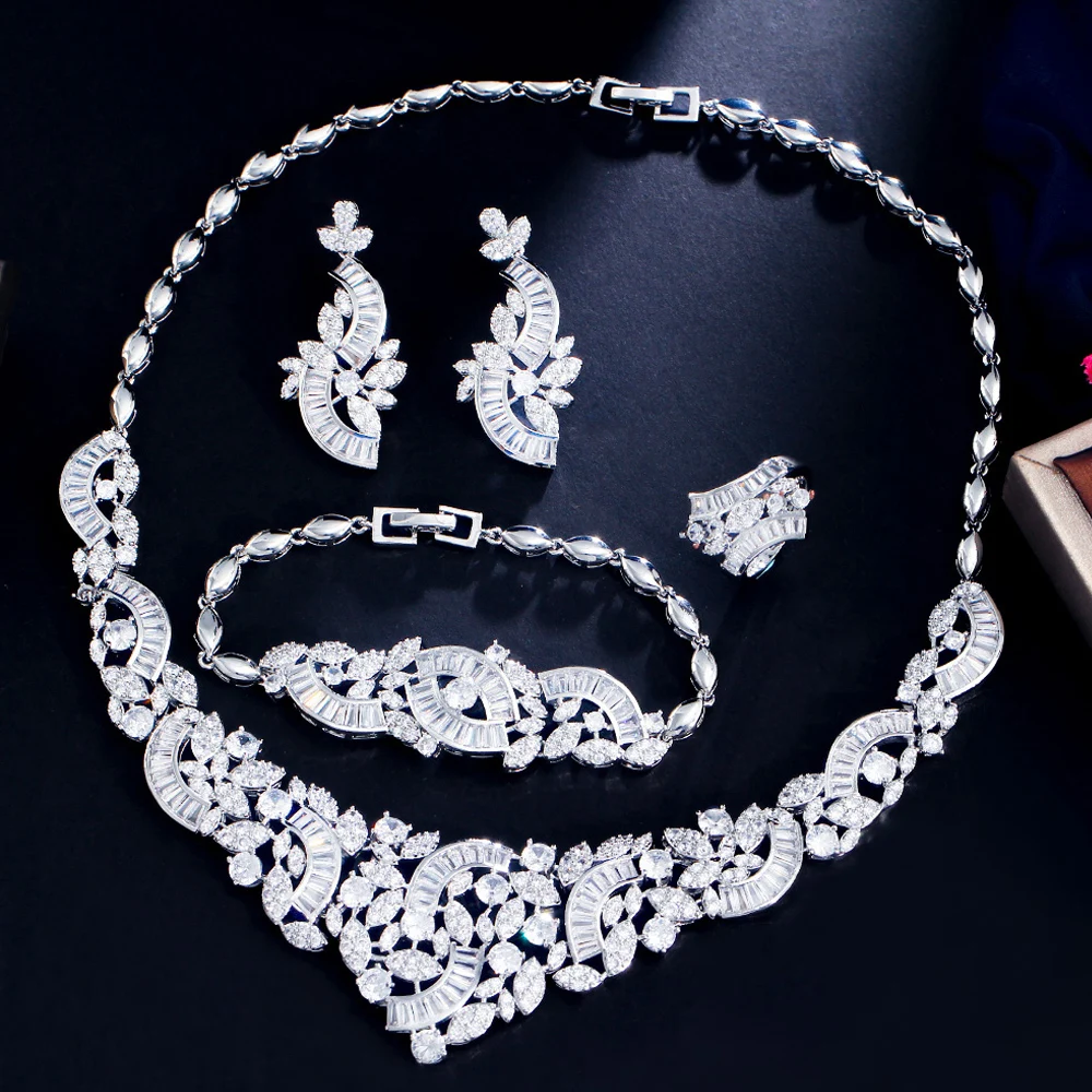 ThreeGraces 4pcs Luxury Shiny Cubic Zirconia Dubai Nigerian Bridal Weddigng Prom Jewelry Set for Brides Dress Accessories TZ812