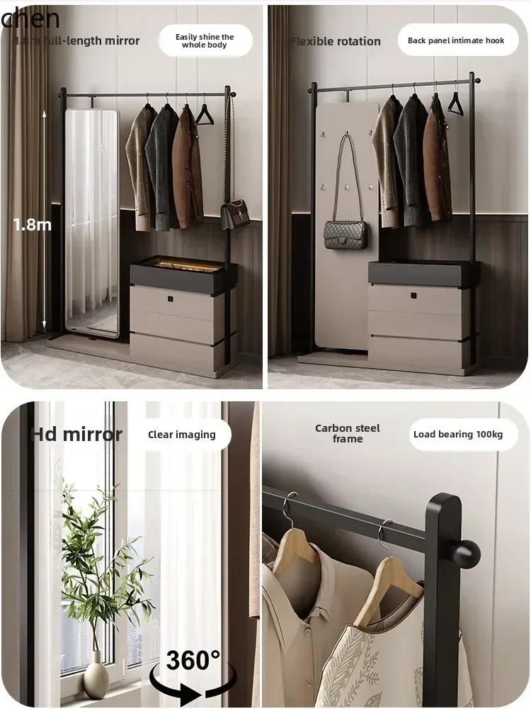 DSA Chest of Drawers and Coat Rack Integrated with Rotatable Bedroom Clothes Rack, Lockable and Lighted Storage Cabinet