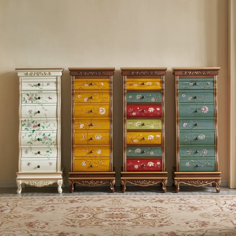 American Country Solid Wood 7 Drawer Chest Cabinet Painted Jewelry Sideboard Locker Storage Organizer High Vertical Dresser