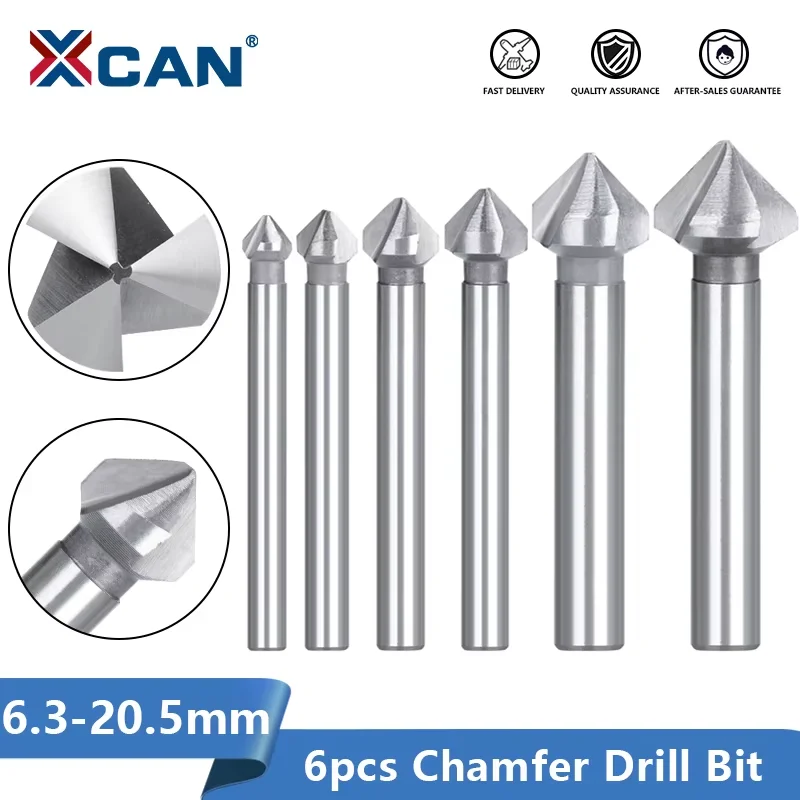 

XCAN 6pcs 3 Flute Countersink Drill Bit 90 Degree Chamfering Cutter Drill Bits Wood Metal Hole Drilling Tool 6.3-20.5mm