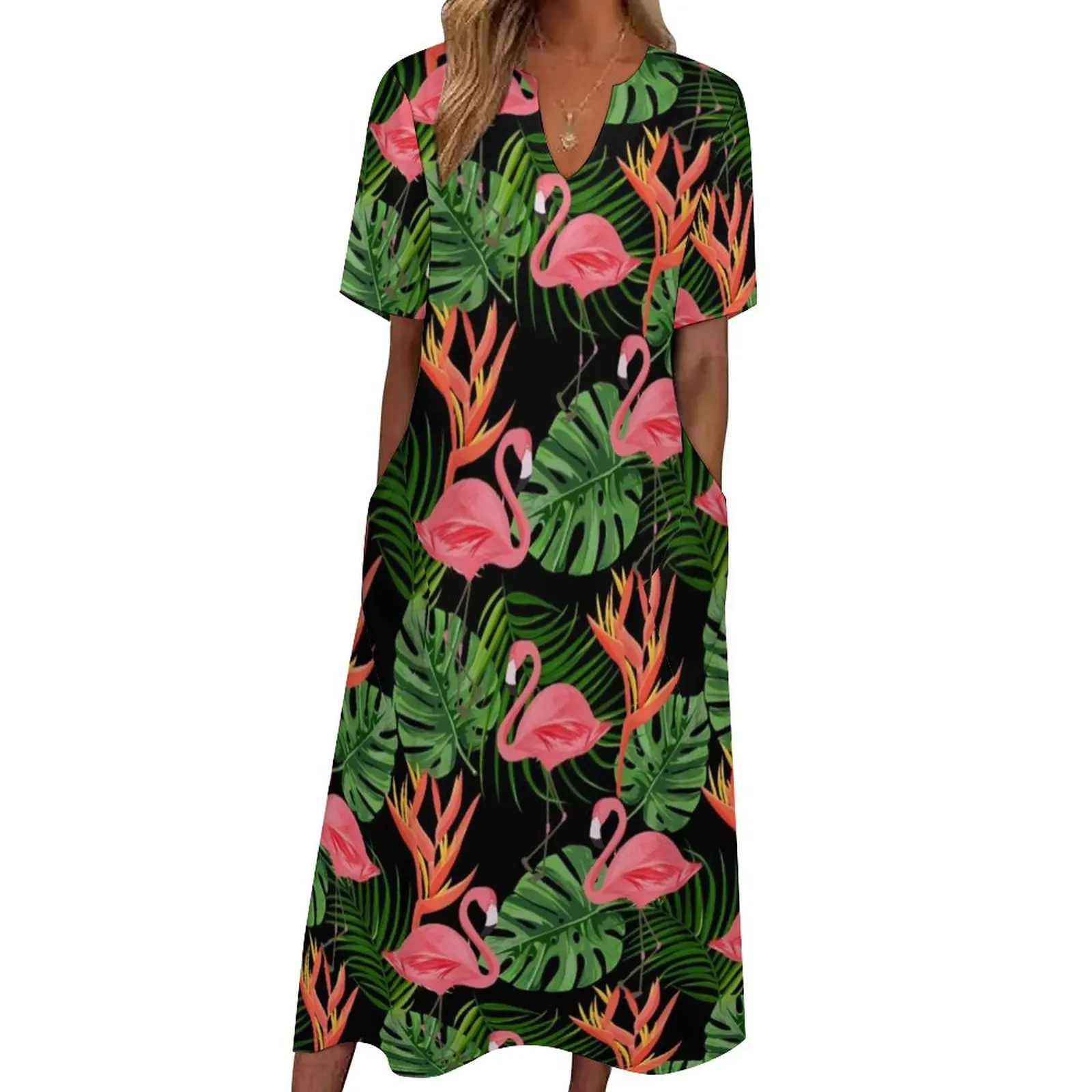 

Flamingo Print Dress Tropical Plants Vintage Maxi Dress Street Wear Bohemia Long Dresses Female V Neck Custom Oversize Vestido