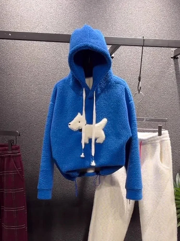 Design Sensation Short Casual Hoodie Fleece Lined Long Sleeve Cartoon Print Outerwear High-End Feelings Women's Sweatshirt