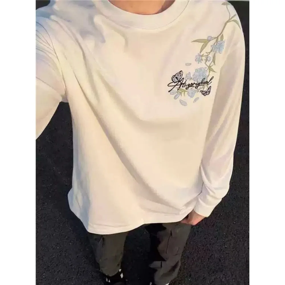 American Style Long Sleeve T-Shirt for Men  Embroidered Flower  Spring Autumn Casual Versatile Fashionable Base...