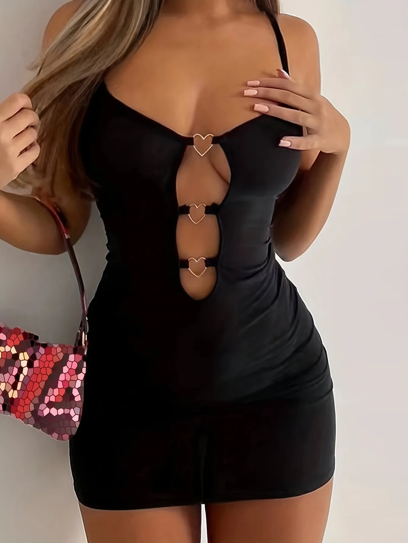 Women'S Sexy Halter Neck Bodycon Mini Dress with Heart Cutouts & Metallic Rings - Stretchy Spaghetti Strap Summer Dress for
