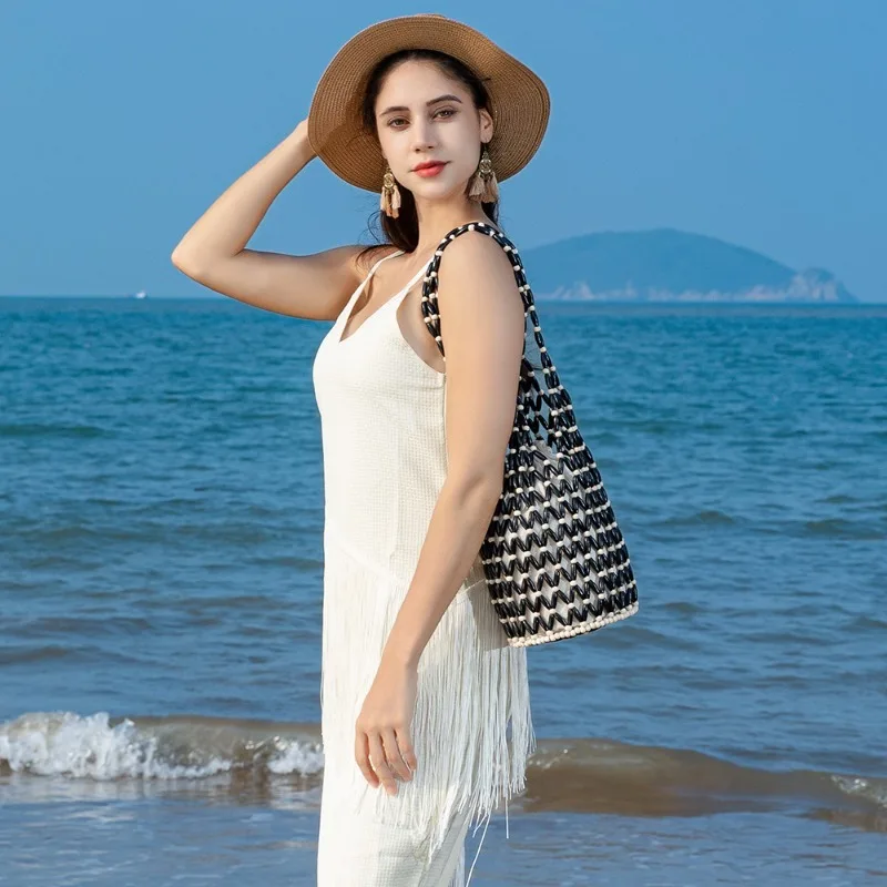 Handmade Woven Beaded Bucket Bag Contrast Color Mesh Shoulder Tote Bag Casual Beach Vacation Handbag Purse Women Daily Shopping