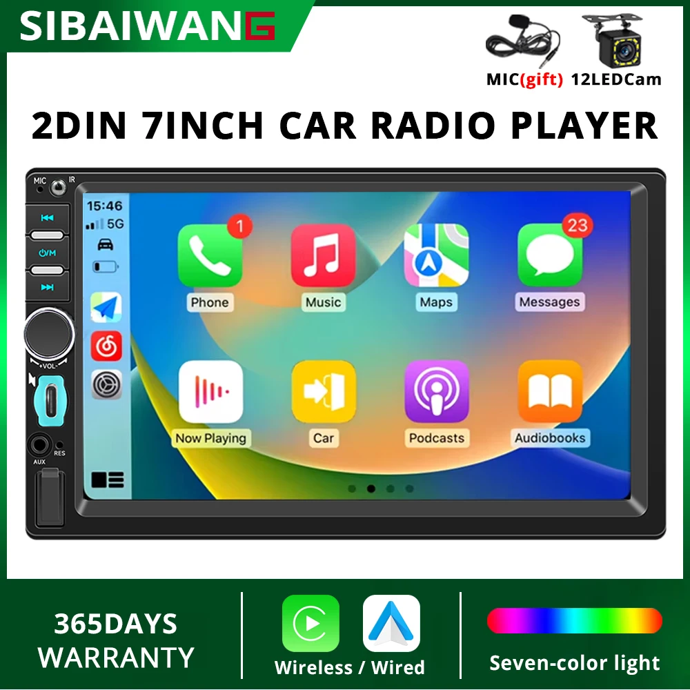 

7 Inch Wireless Carplay Android Auto Car Radio 2din MP5 Player Support Bluetooth FM AUX-IN Type-C Charging USB Auto Stereo Audio