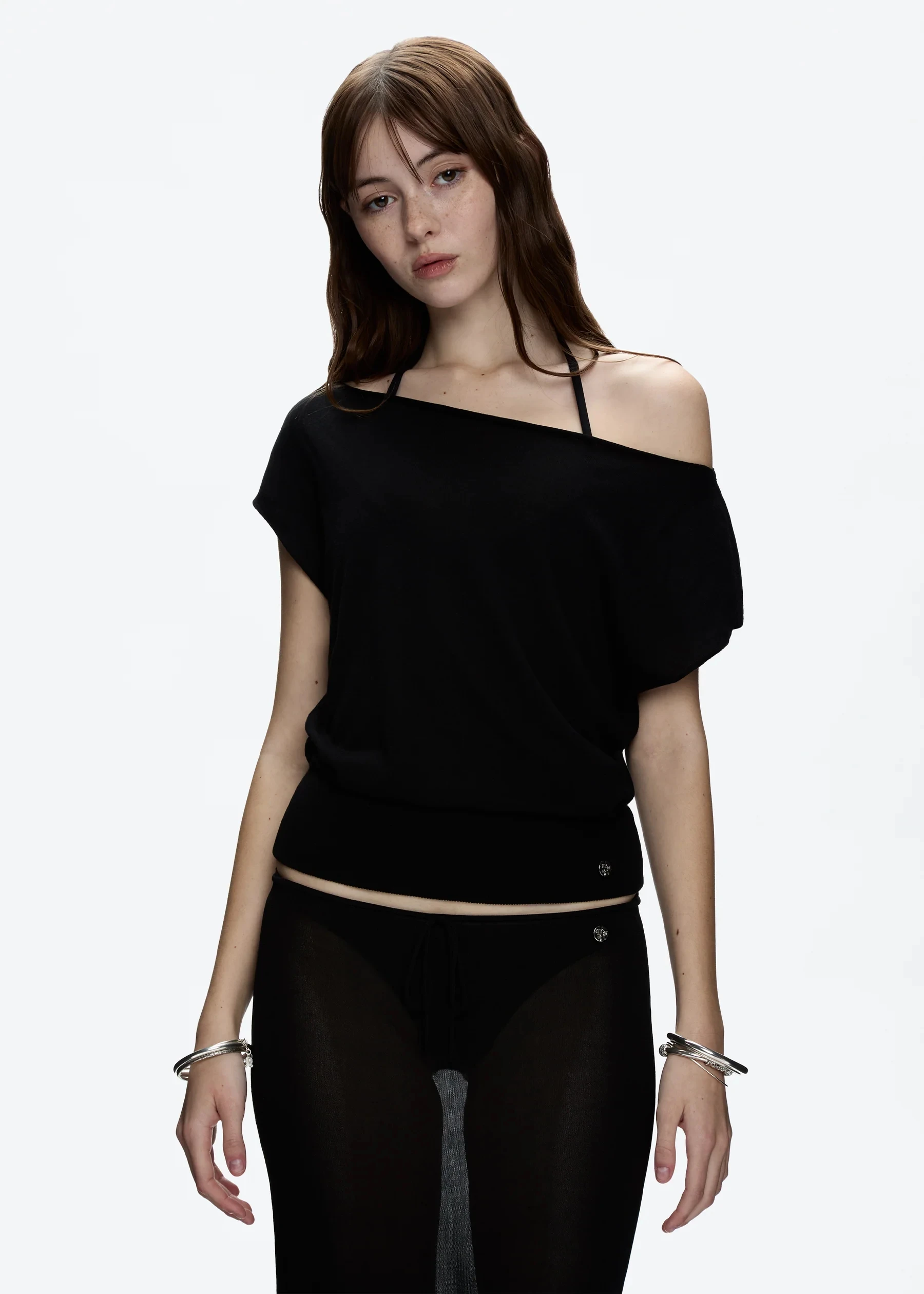 Tank Black Off-the-Shoulder Short-Sleeved Cropped Tank Top Lightweight Knitted T-Shirt