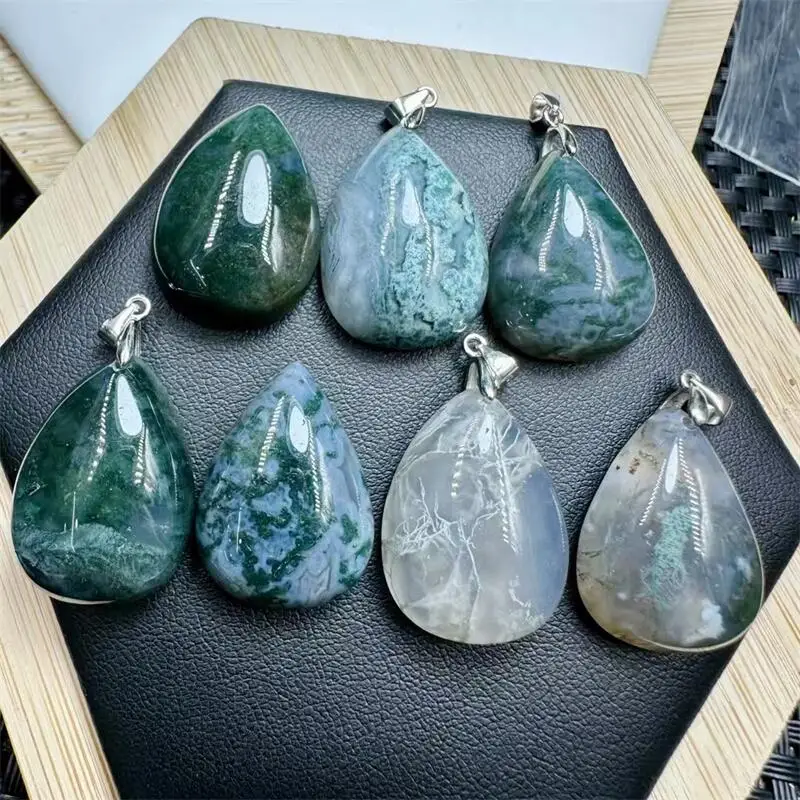 

S925 Natural Moss Agate Teardrop Pendant DIY Necklace Fashion Healing Jewelry Gemstone Crystal Holiday Gift