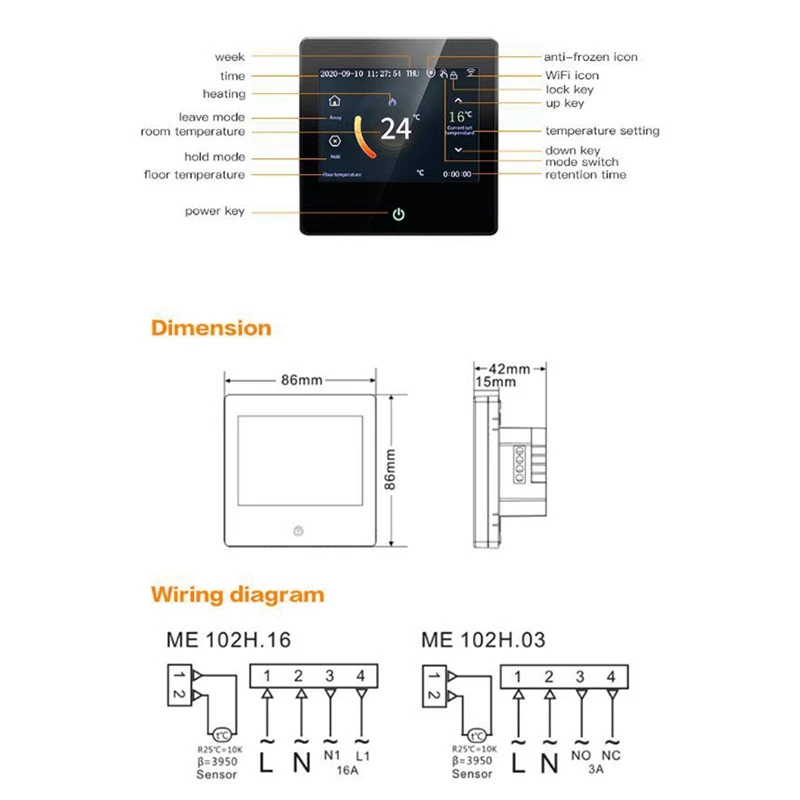 Tela colorida ME102 com termostato de imprensa de aquecimento elétrico WIFI 16A