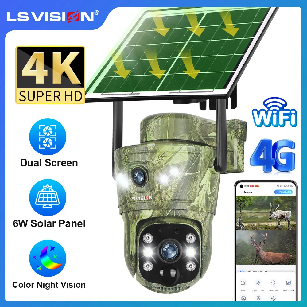 LS VISION 4K Dual Screen 4G Solar Trail Camera Outdoor WiFi PTZ PIR Detection 2-Way Talk Waterproof Wildlife Camera V380 Pro App