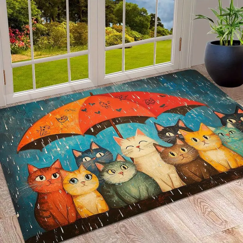 VIKAMA Art Cat Entryway Mat Colorful Kittens Rain Umbrella Design Non‑Slip Floor Rug Kitchen Hallway Indoor Home Decor